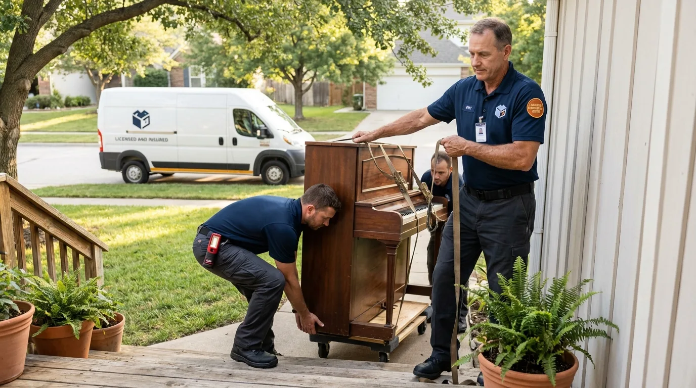 Licensed piano movers securing grand piano in Longboat Key, FL