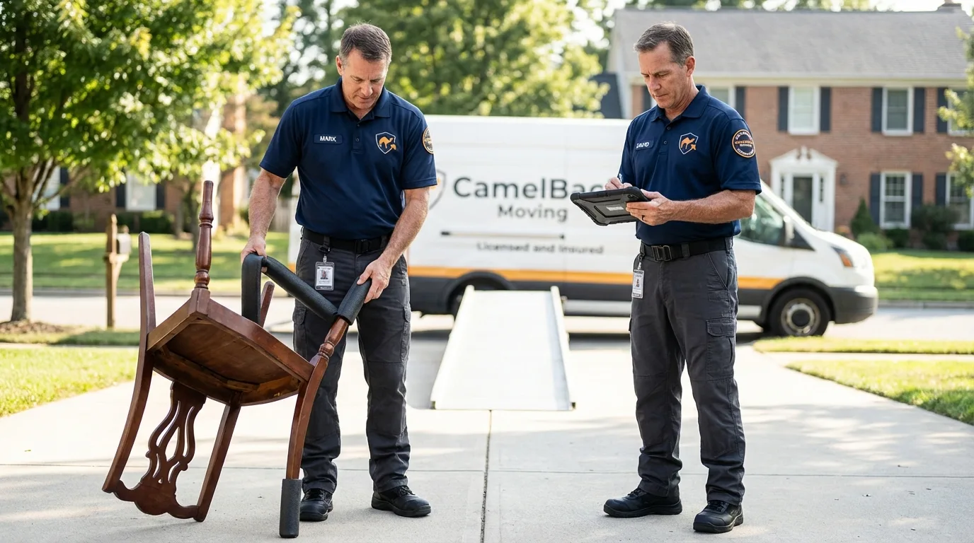 Movers inspecting furniture for damage prevention before loading in Longboat Key, FL