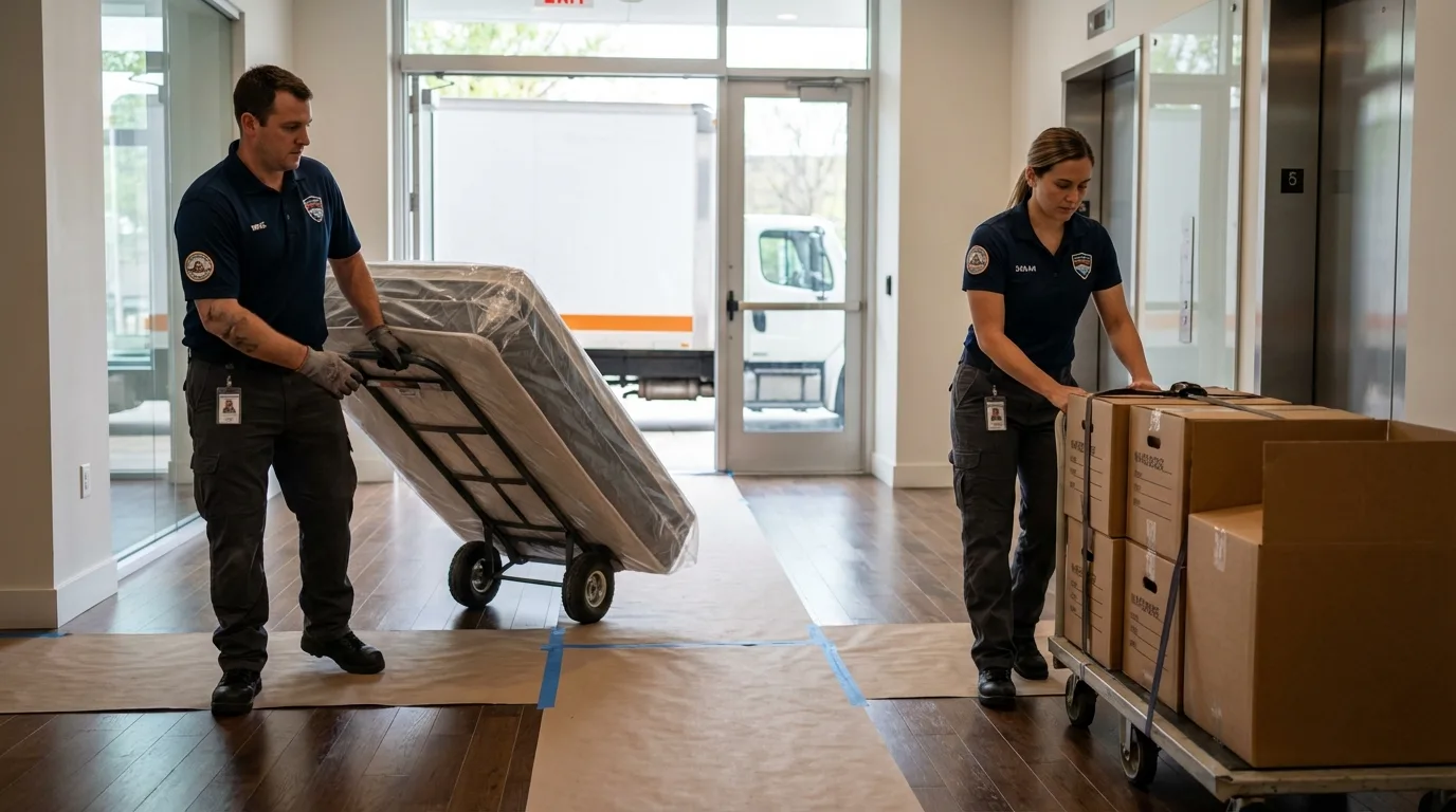 Professional apartment movers loading elevator in Longboat Key, FL